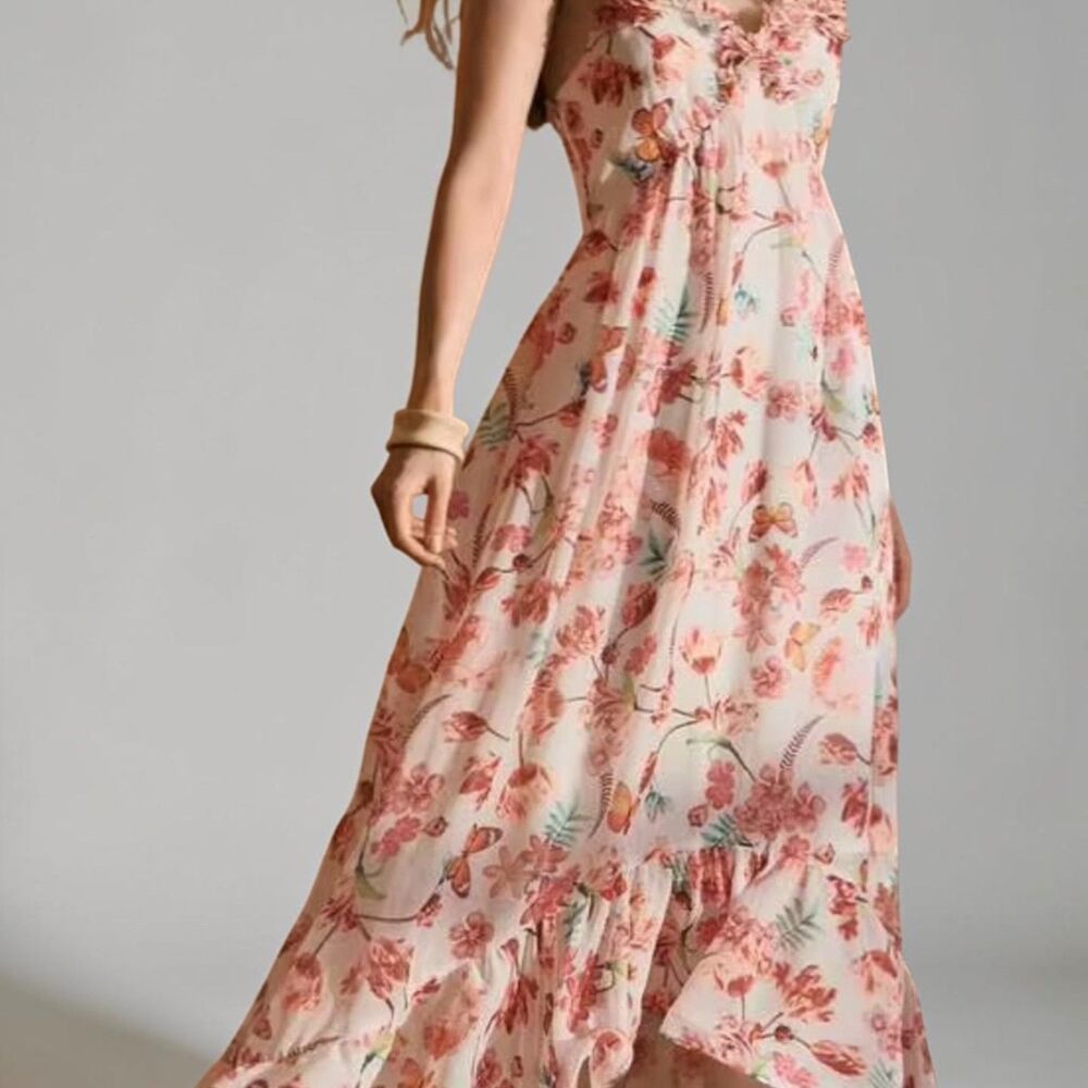 MOTF Ivory Pink Floral High Low Maxi Dress Ruffle Hem NWOT